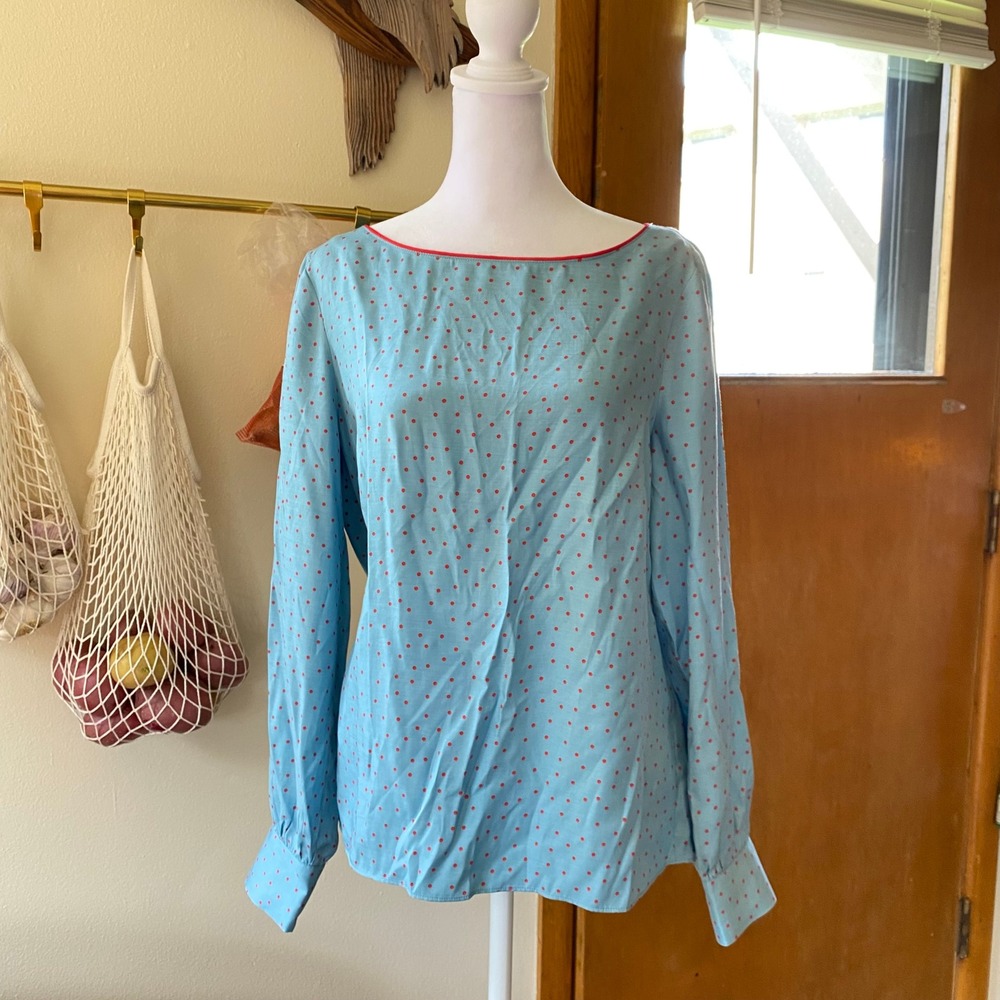 Boden Polka Dot Silk Blue Red Blouse Top 8 Twee Femme Pinupcore Coastal Euro